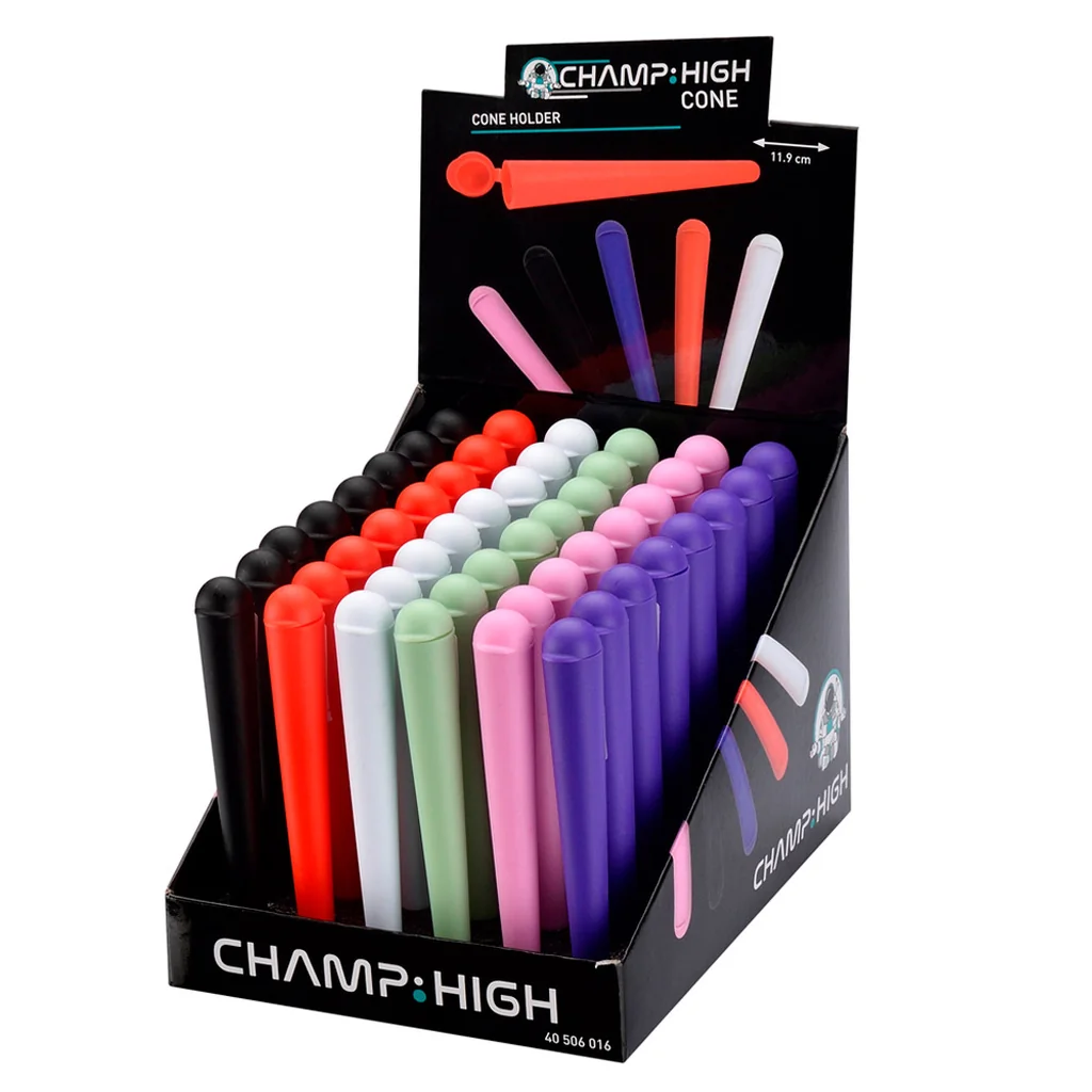 Expositor negro Champ High con varias unidades de portaconos alargados con tapa, en negro, rojo, blanco, verde, rosa y morado.