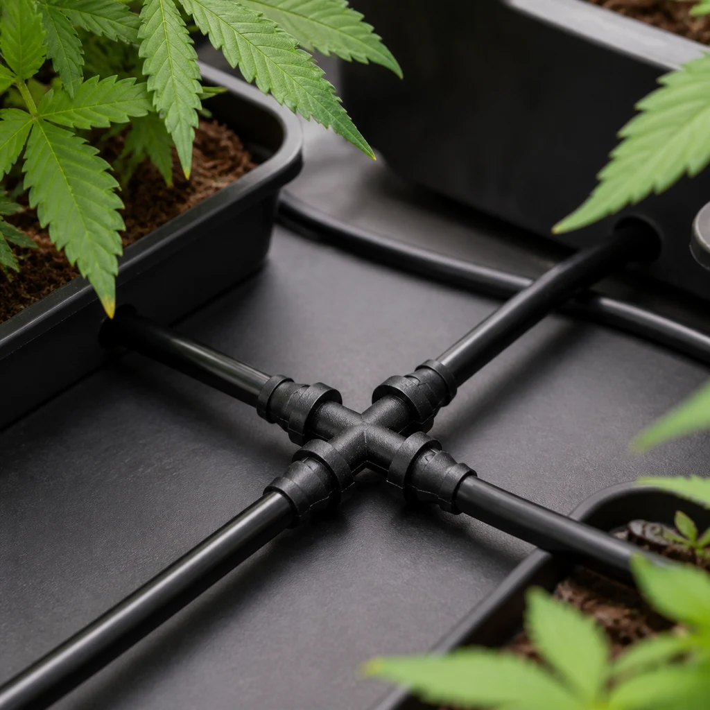 Conector cruzado Autopot negro con cuatro tubos conectados, situado entre macetas con plantas en una escena de cultivo.