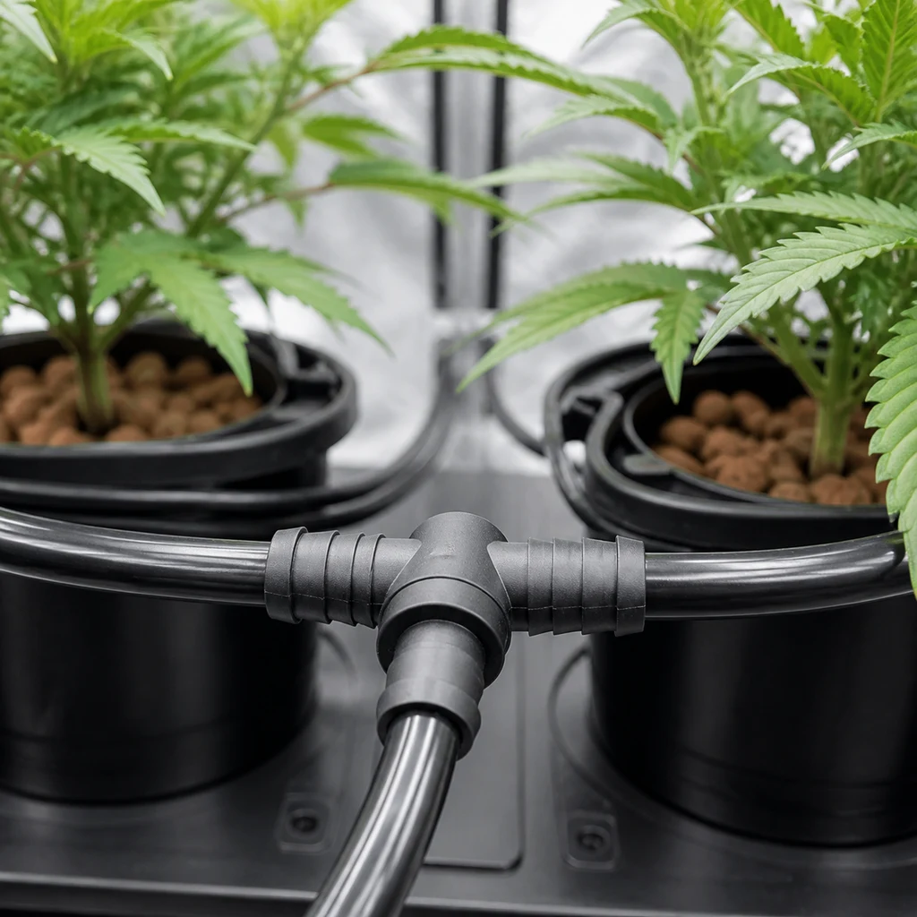 Conector negro en T Split Tee ACS unido a tubos, en primer plano frente a macetas con plantas y bolas de arcilla.