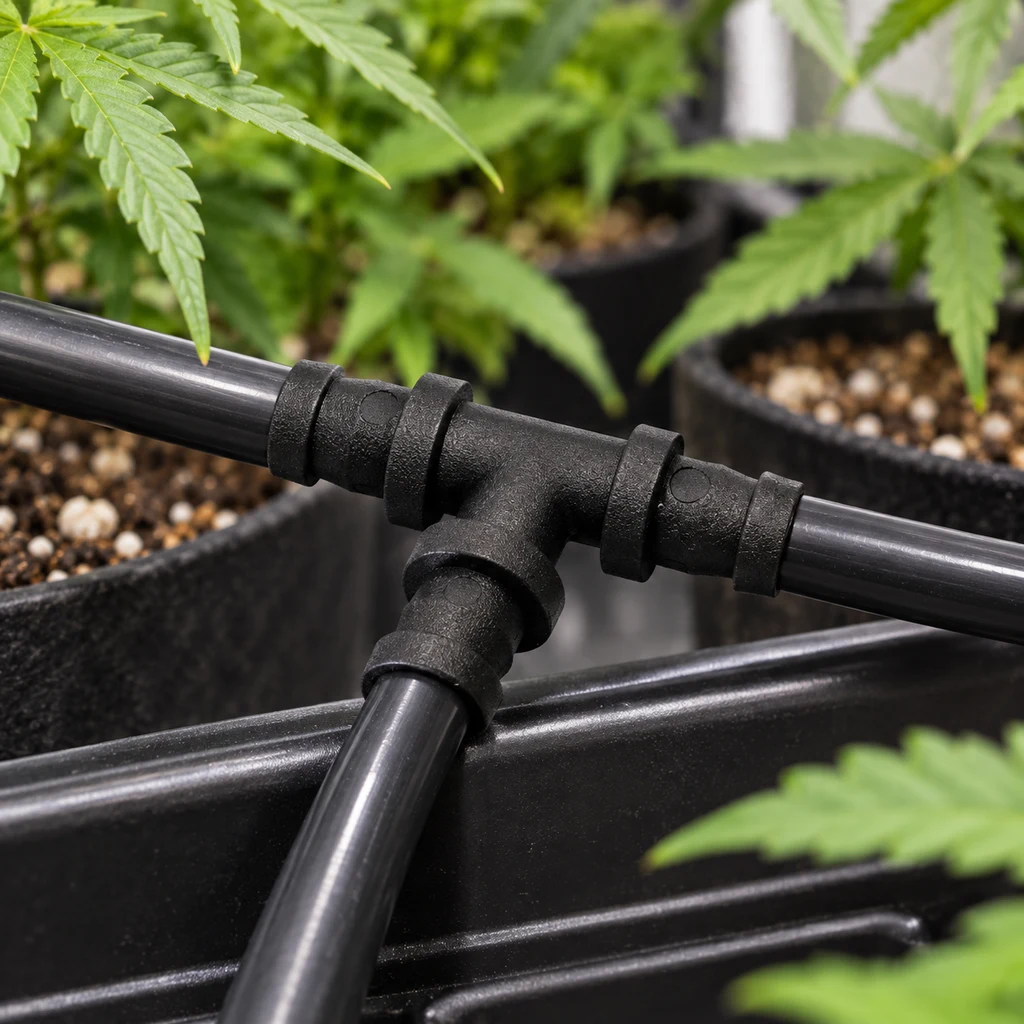Primer plano del conector en T Autopot negro uniendo tubos de riego, con macetas y hojas verdes al fondo.