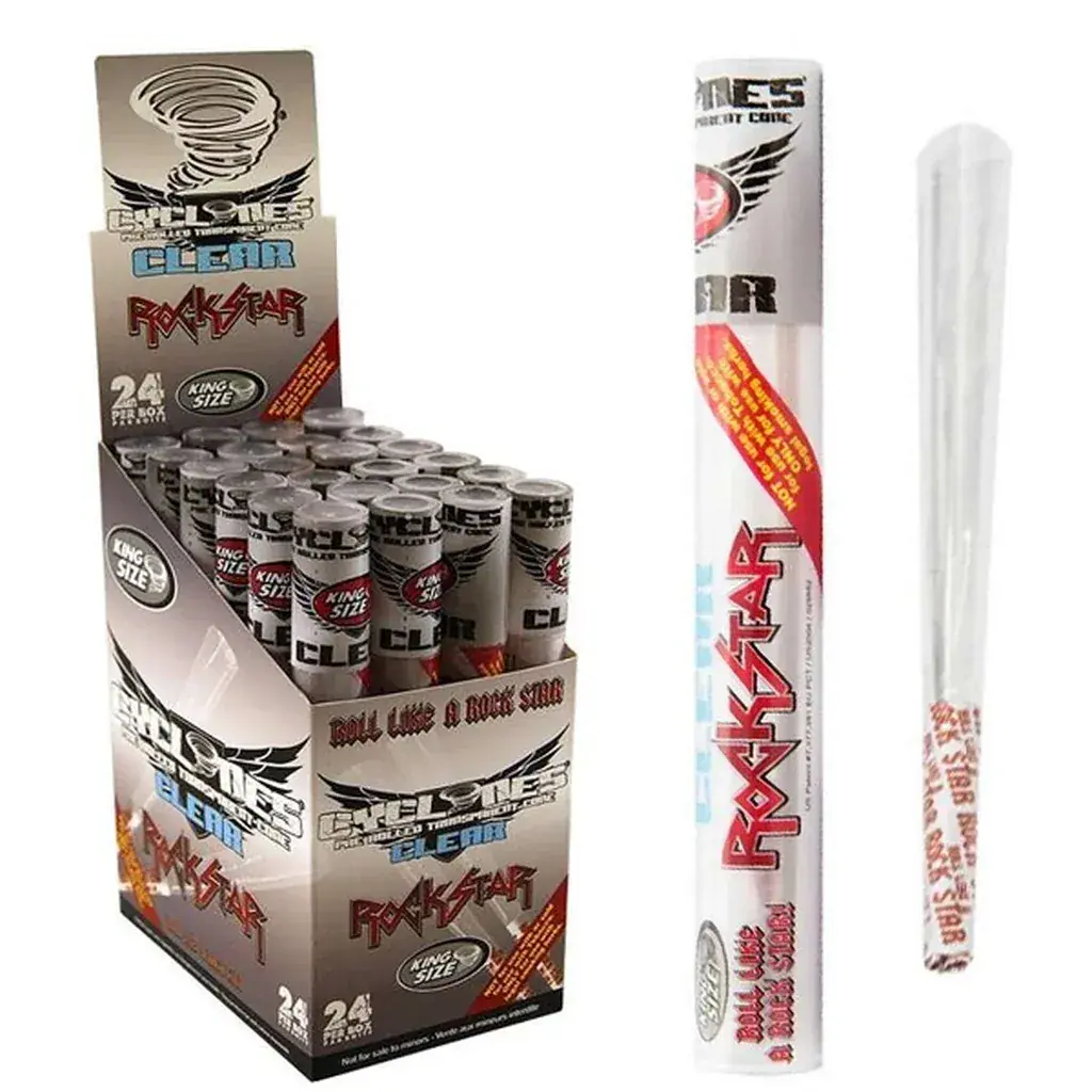 Expositor de conos Cyclones Clear Rockstar con varios tubos, acompañado de un tubo individual y un cono transparente. Expositor de conos Cyclones Clear Rockstar con varios tubos, acompañado de un tubo individual y un cono transparente.