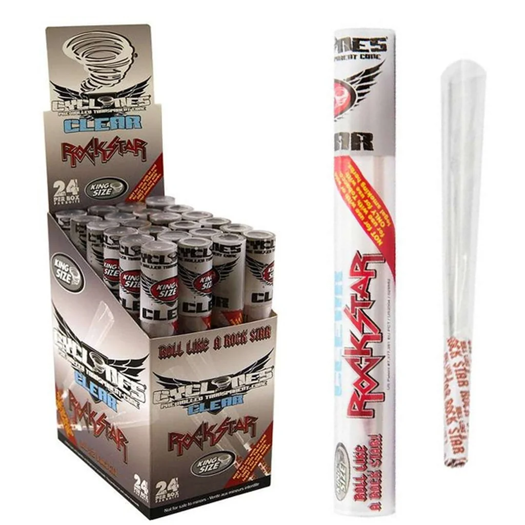 Expositor de conos Cyclones Clear Rockstar con varios tubos, acompañado de un tubo individual y un cono transparente.