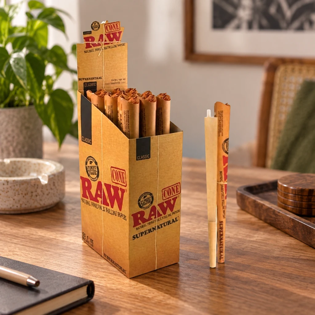 Expositor de conos RAW Classic Supernatural sobre una mesa de madera, con un cono y una varilla clara colocados de pie a su lado.