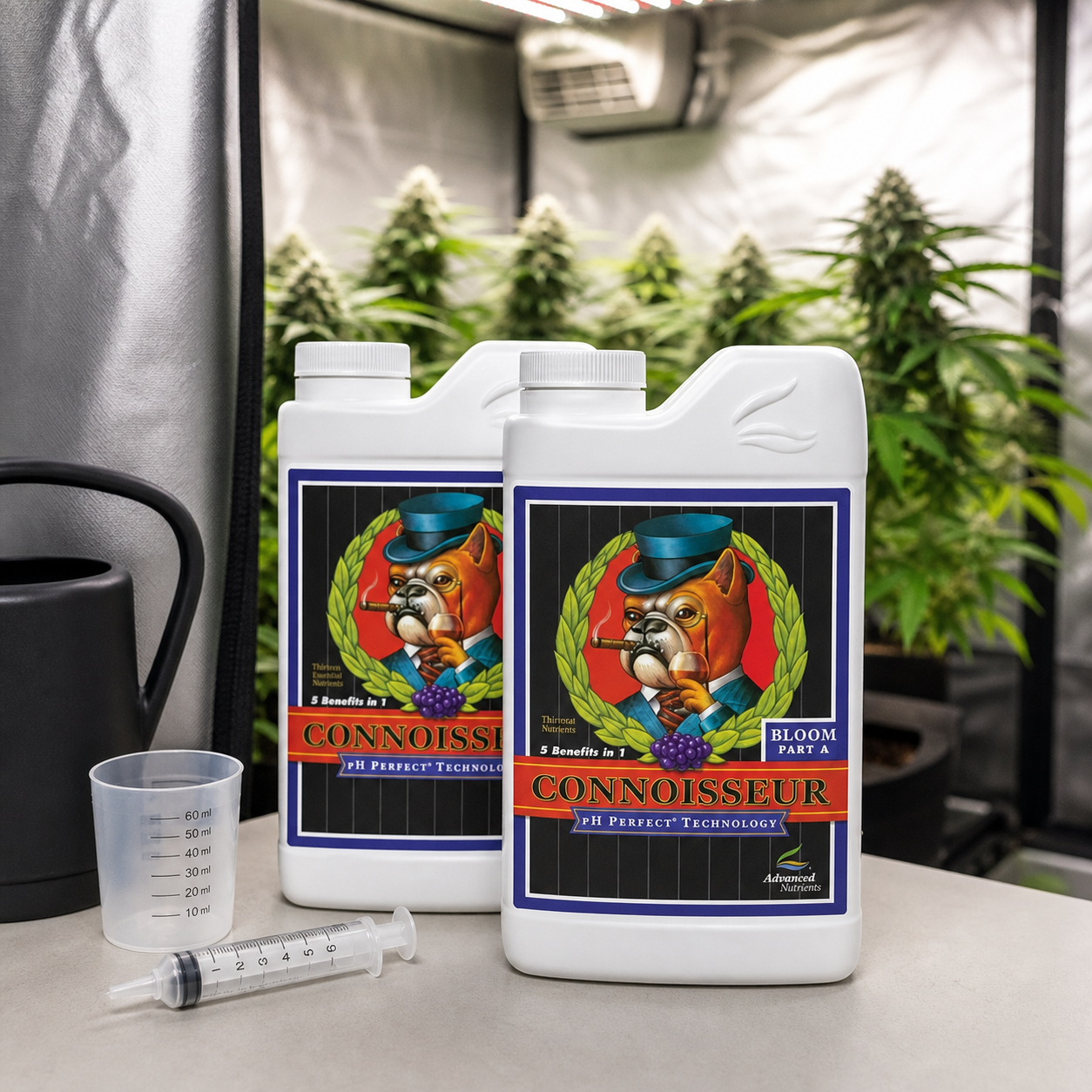 Envases de Advanced Nutrients Connoisseur Bloom A+B junto a un vaso graduado y una jeringa, con plantas al fondo.