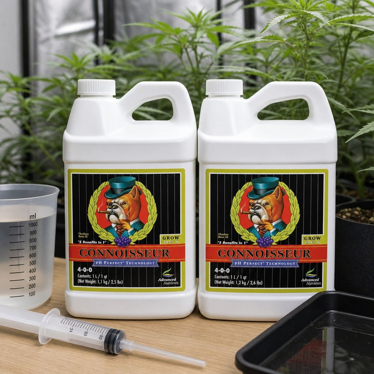 Dos garrafas de Connoisseur Grow, partes A y B, sobre una mesa con vaso graduado y jeringa, ante plantas de cannabis.