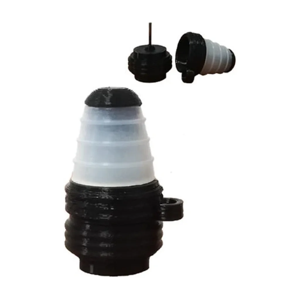 Cono Phunnel negro Mitor con cuerpo estriado y sección translúcida cónica, acompañado de vistas de sus piezas separadas. Cono Phunnel negro Mitor con cuerpo estriado y sección translúcida cónica, acompañado de vistas de sus piezas separadas.