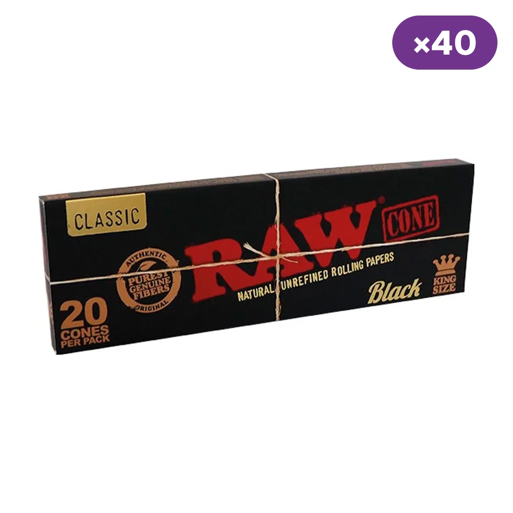 Envase negro de conos RAW Black Classic King Size, con letras rojas, cordel cruzado y texto de 20 conos por paquete; distintivo ×40.