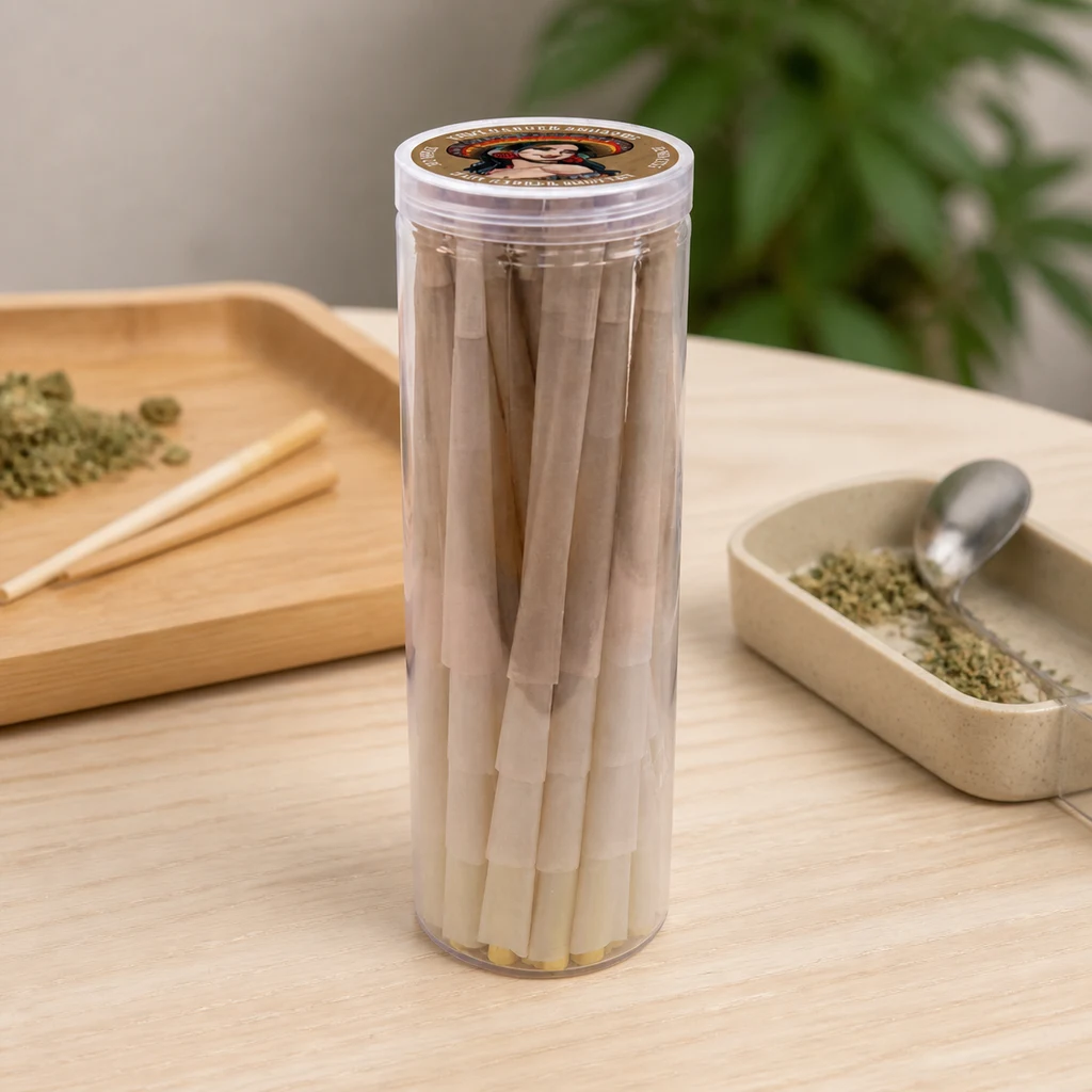 Bote transparente con varios conos de papel marrón y boquillas claras, junto a bandejas con hierba desmenuzada sobre una mesa de madera.