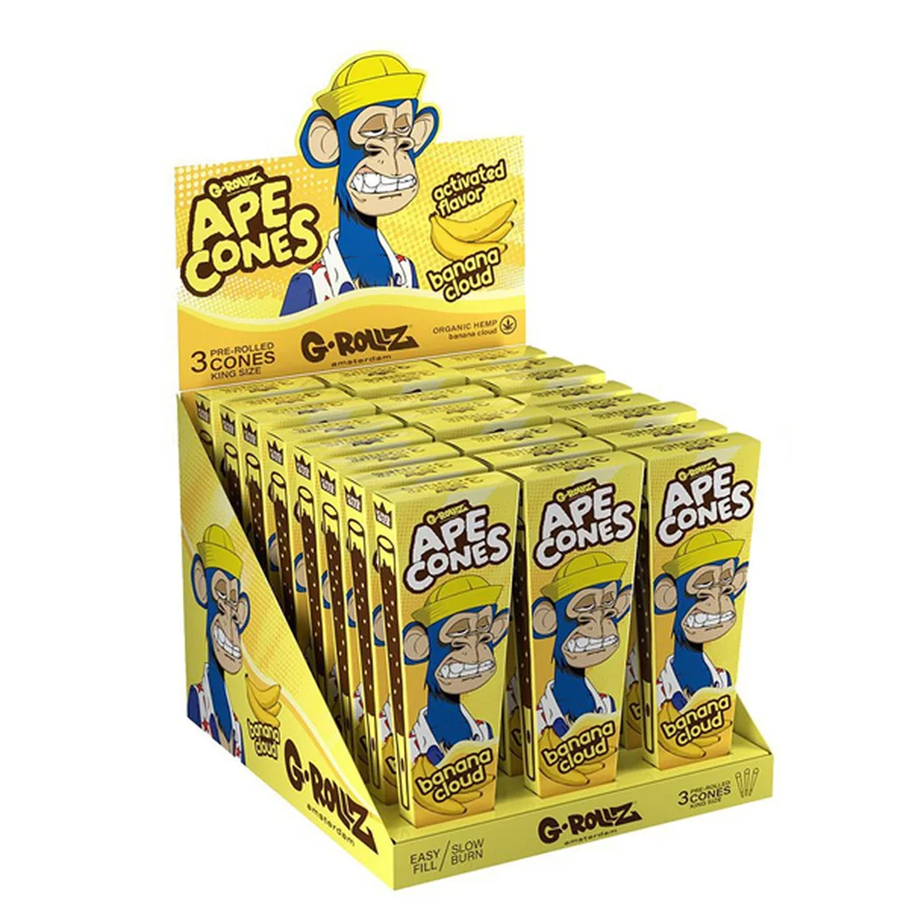 Expositor de conos G-Rollz Ape Cones Banana King Size con varias cajas amarillas decoradas con un simio y dibujos de plátanos.