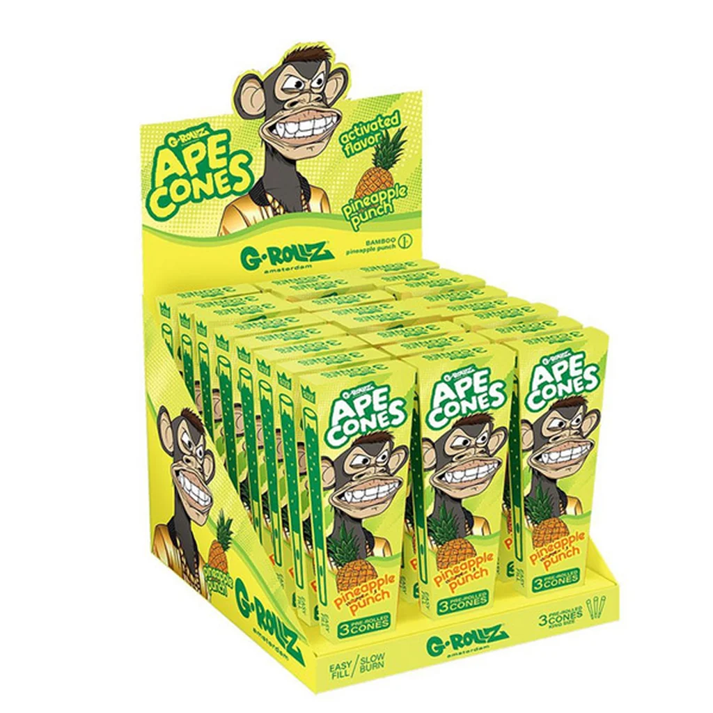 Expositor de conos G-Rollz Ape Cones Pineapple Punch con cajas amarillas y verdes decoradas con un simio y una piña.