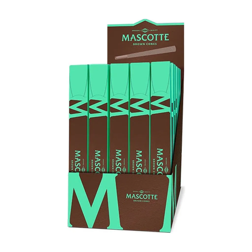 Expositor de conos Mascotte Brown con varias cajas alargadas marrones y verde menta, con el nombre de la marca en el frontal.