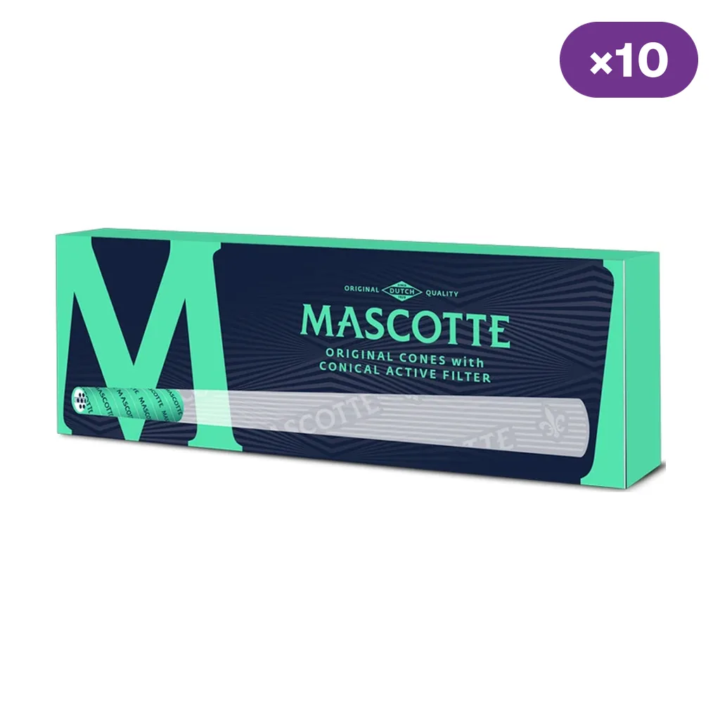 Caja verde y azul oscuro de conos Mascotte Original con filtro activo, con un cono ilustrado en el frontal y distintivo de 10 unidades.