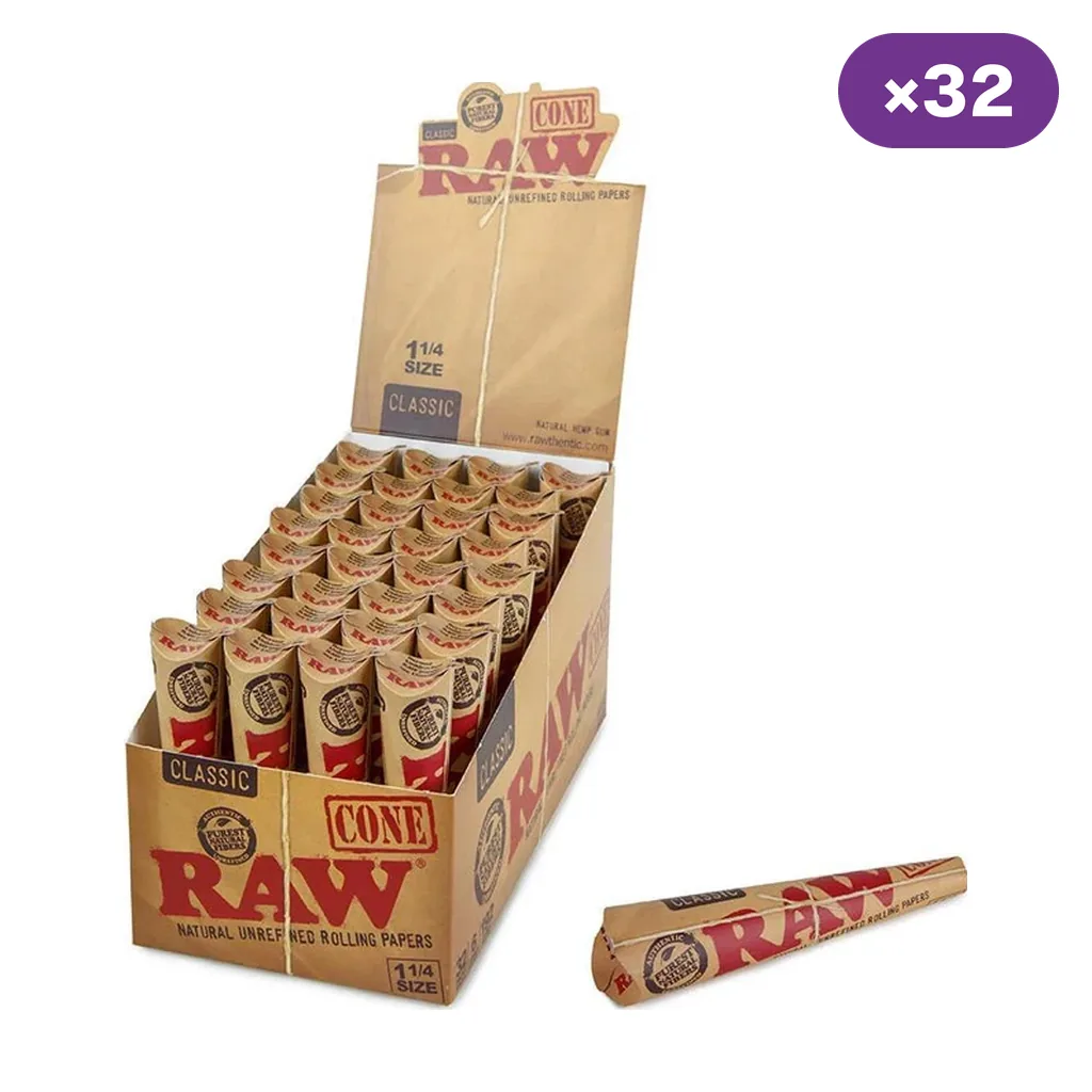 Expositor abierto de conos RAW Classic 1 1/4 con envases individuales, uno tumbado delante y distintivo de 32 unidades.