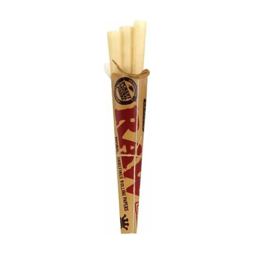 Cono RAW Classic de papel marrón con logotipo rojo y varios tubos claros que sobresalen por la abertura, sobre fondo blanco.