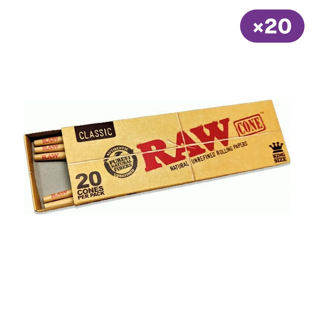 Caja entreabierta de conos RAW Classic King Size, con varios conos visibles y las indicaciones «20 cones per pack» y «×20».