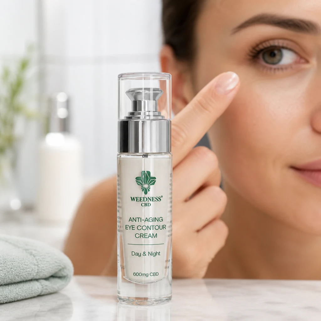Frasco de contorno de ojos Weedness con etiqueta de 600 mg CBD, junto a una mujer que acerca un dedo al contorno del ojo.
