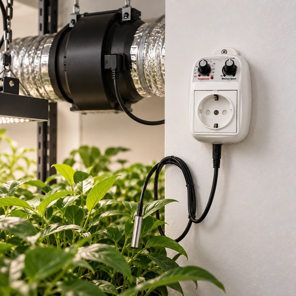 Controlador GSE de pared con dos mandos, toma de corriente y sonda entre plantas, junto a un extractor con conductos plateados.