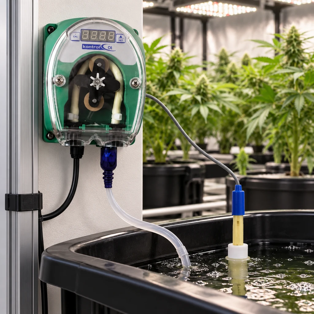 Controlador digital de pH Kontrol montado en un panel, con cubierta transparente, tubo y sonda en un depósito junto a plantas de interior.