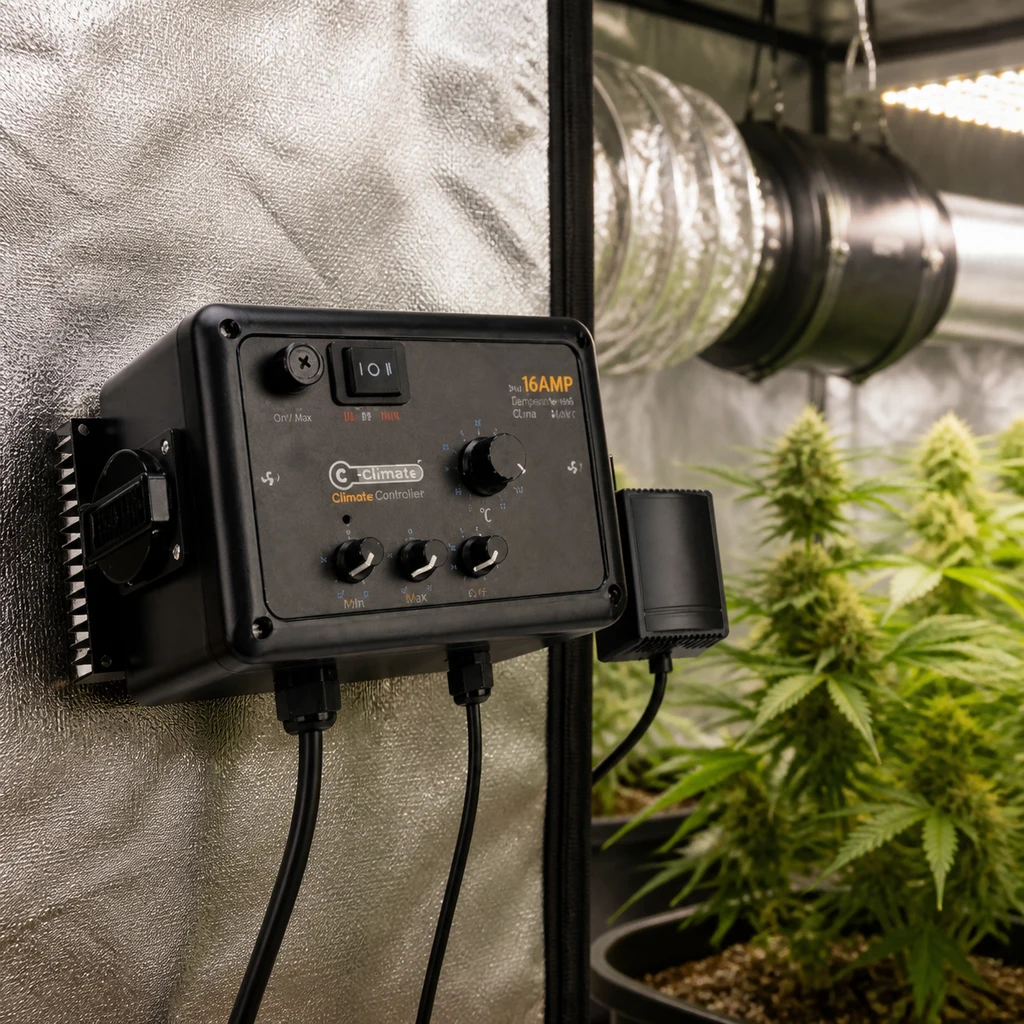 Controlador de clima de 16 A con interruptor y mandos giratorios, instalado junto a plantas y un conducto de ventilación en un armario de cultivo.