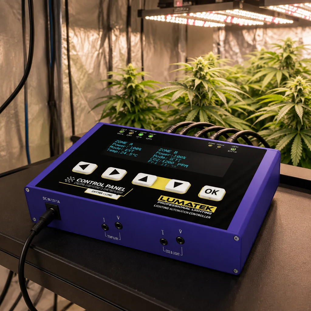 Controlador digital Lumatek de carcasa violeta, con pantalla, botones y cables, frente a plantas bajo paneles de iluminación.