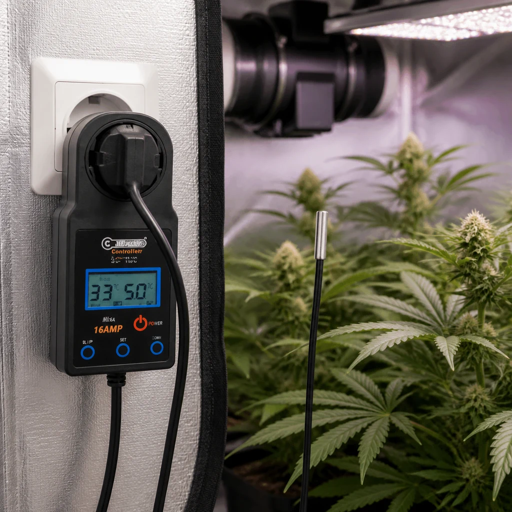 Controlador digital de temperatura 16A enchufado, con pantalla azul y sonda junto a plantas bajo una luminaria en un armario de cultivo.