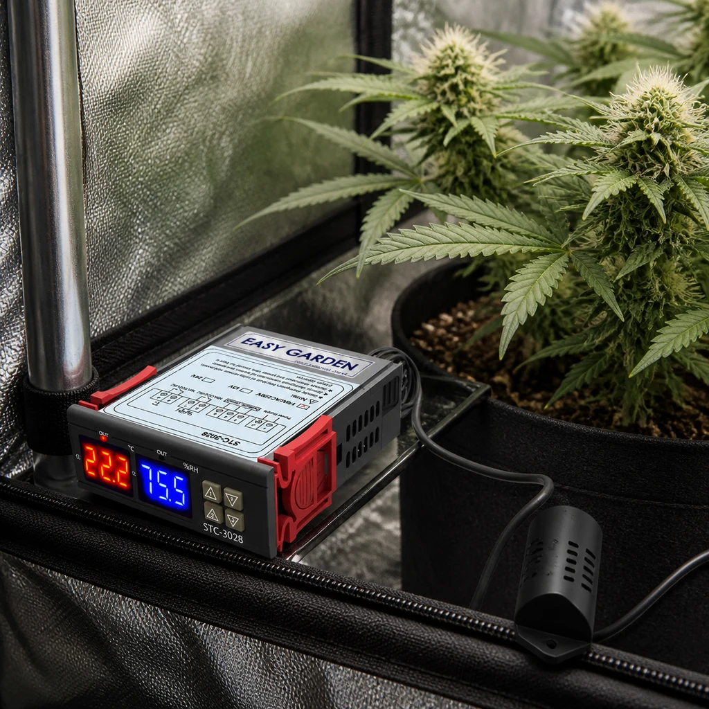 Controlador Easy Garden con pantallas roja y azul y sonda cableada, junto a plantas en flor dentro de un armario de cultivo.