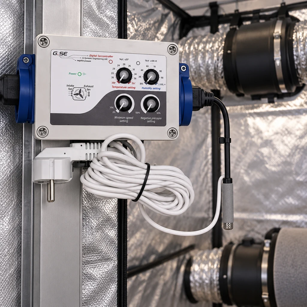 Escena generada de un controlador GSE con mandos giratorios, cable enrollado y sonda, junto a conductos en un recinto reflectante.