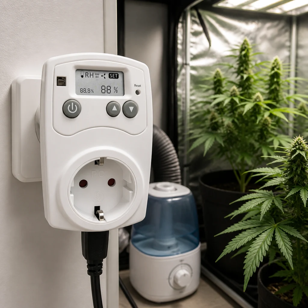 Controlador digital de humedad con pantalla, botones y toma de corriente, junto a un humidificador y un armario con plantas.