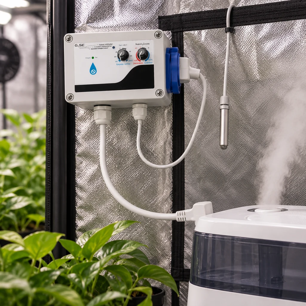 Controlador de humedad GSE con mandos giratorios y sonda colgante, junto a un humidificador que emite niebla en un armario con plantas.
