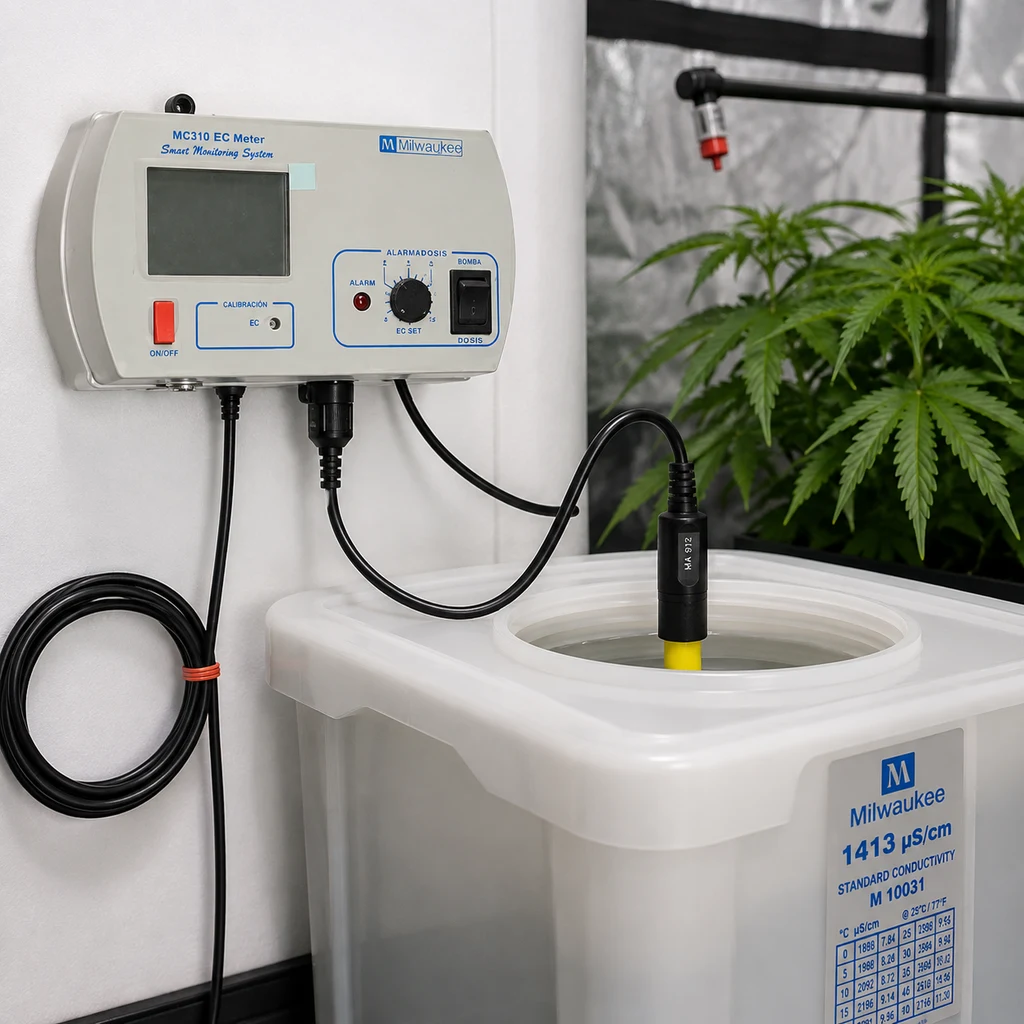 Controlador Milwaukee MC 310 EC en una escena generada, conectado a una sonda sumergida en un depósito junto a plantas. Controlador Milwaukee MC 310 EC en una escena generada, conectado a una sonda sumergida en un depósito junto a plantas.
