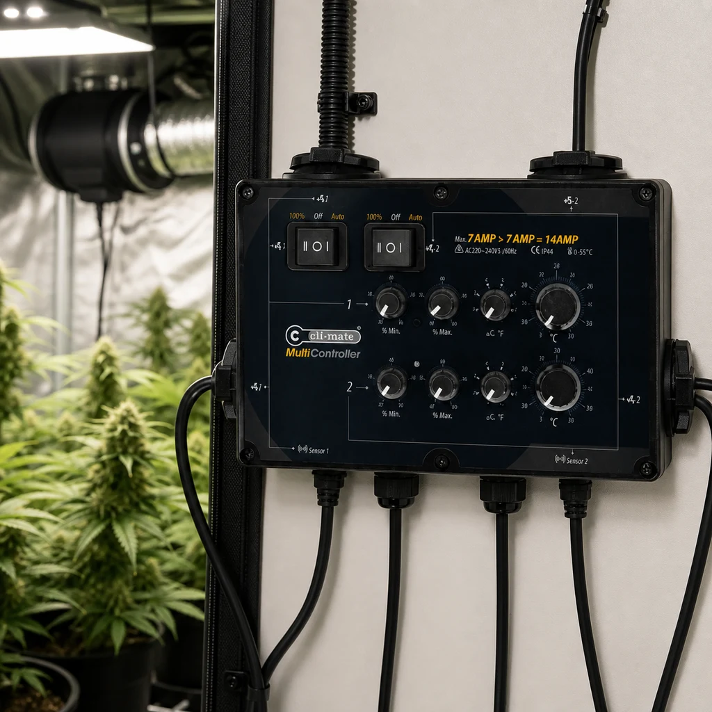 Controlador Multiclimate con interruptores, mandos giratorios y cables, montado junto a un cultivo interior con extractor.