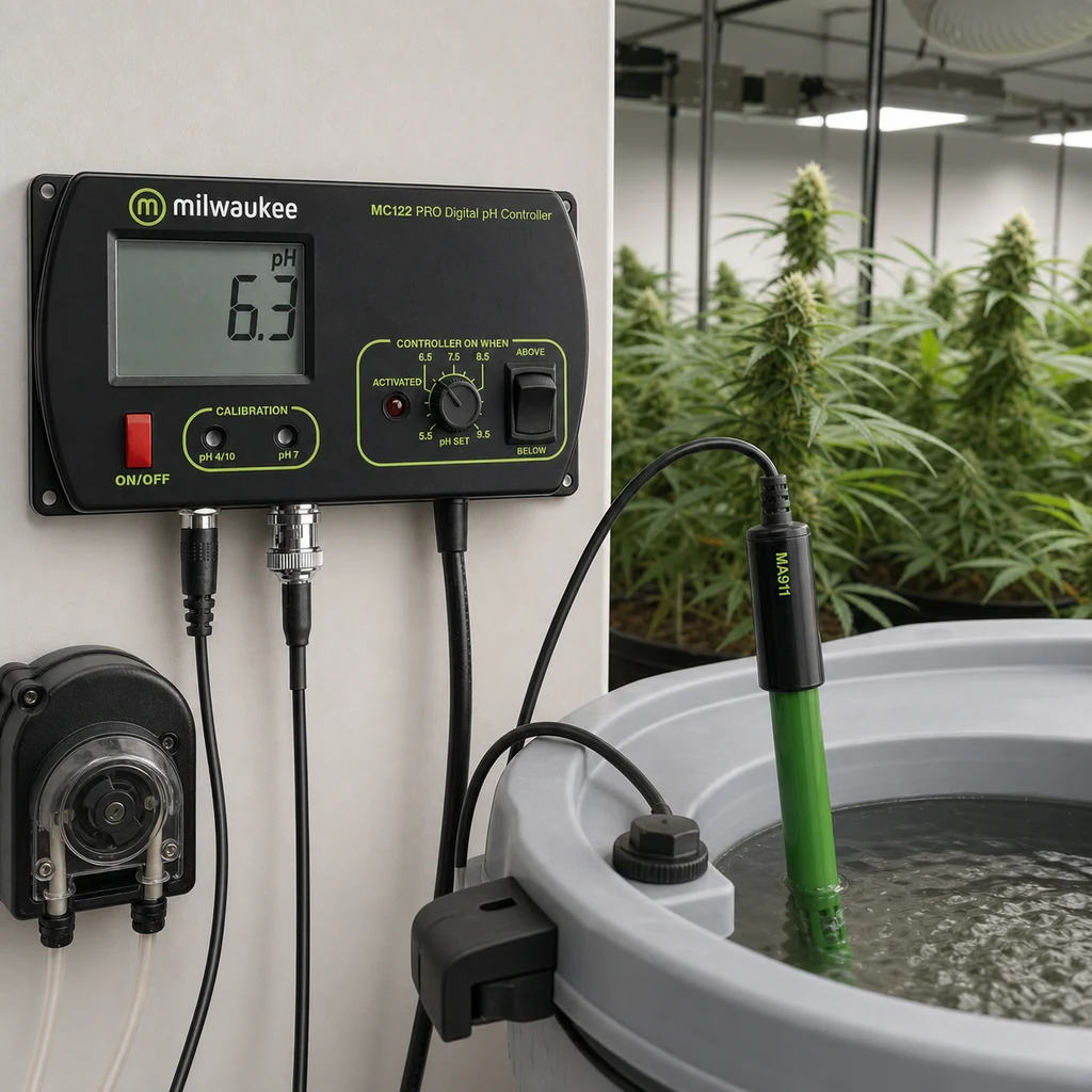 Escena ilustrativa del controlador Milwaukee MC122 con lectura de pH 6,3 y sonda en un depósito, junto a plantas de cannabis.