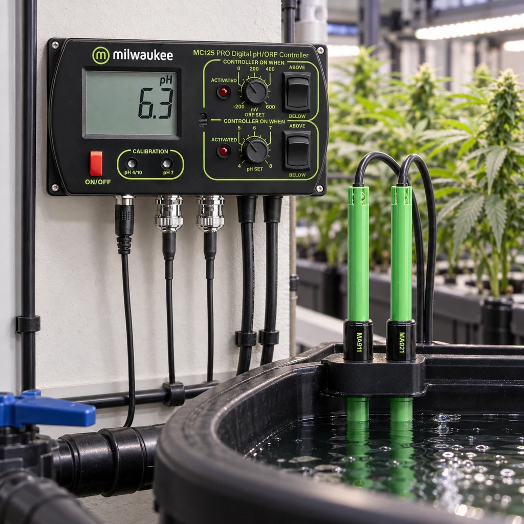 Controlador Milwaukee MC125 con pantalla que indica pH 6,3 y sondas verdes sumergidas en un depósito, con plantas al fondo.