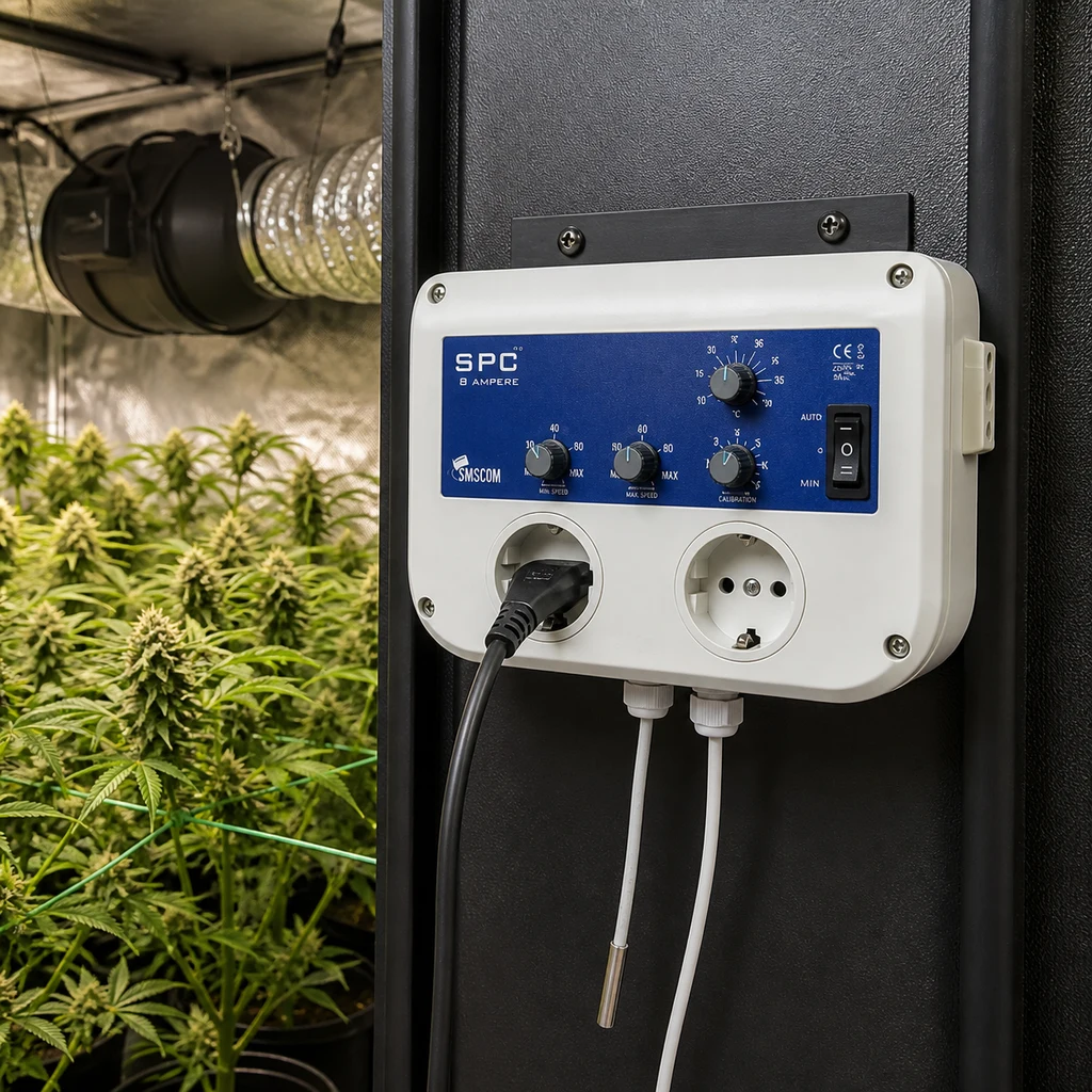 Escena generada del controlador SMSCOM SPC MK2 8 A montado junto a un cultivo interior, con mandos, tomas eléctricas y una sonda colgante.