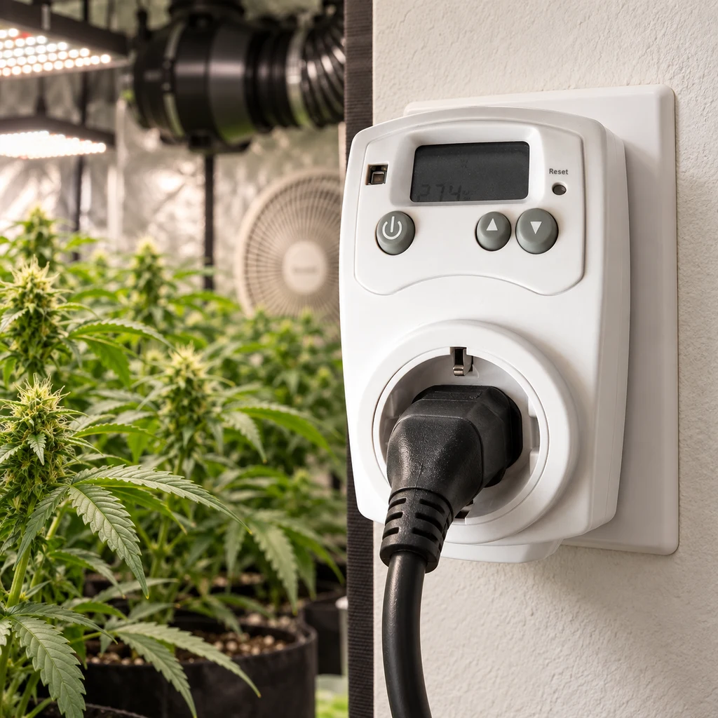 Controlador digital de temperatura blanco enchufado a la pared, con pantalla, botones y cable conectado, junto a un cultivo interior.