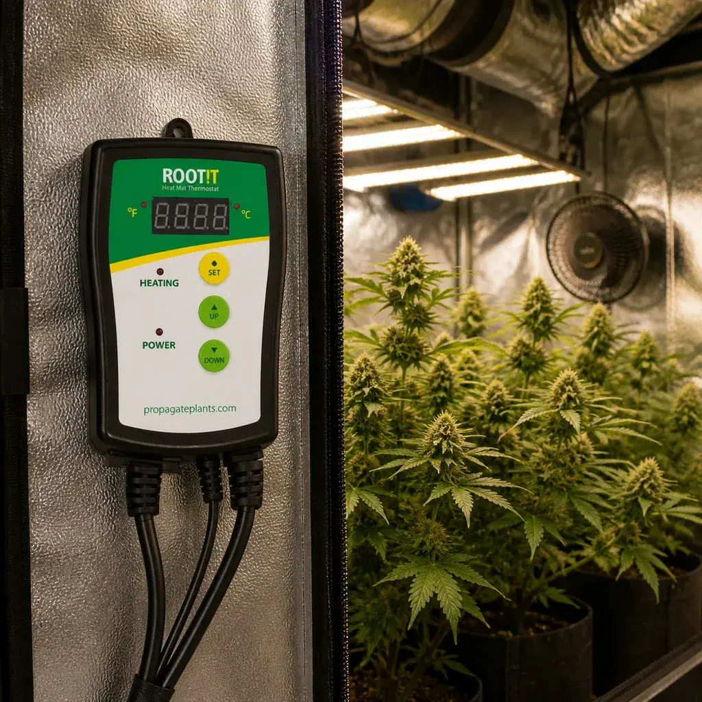 Controlador de temperatura Root!t con pantalla, botones y cables, junto a plantas de cannabis en un armario de cultivo iluminado.