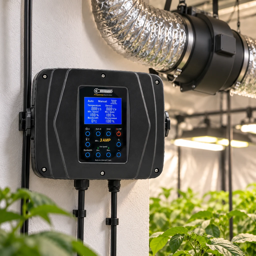 Controlador de ventilador con pantalla azul y botones, instalado en una pared junto a un extractor y conductos en un cultivo interior.