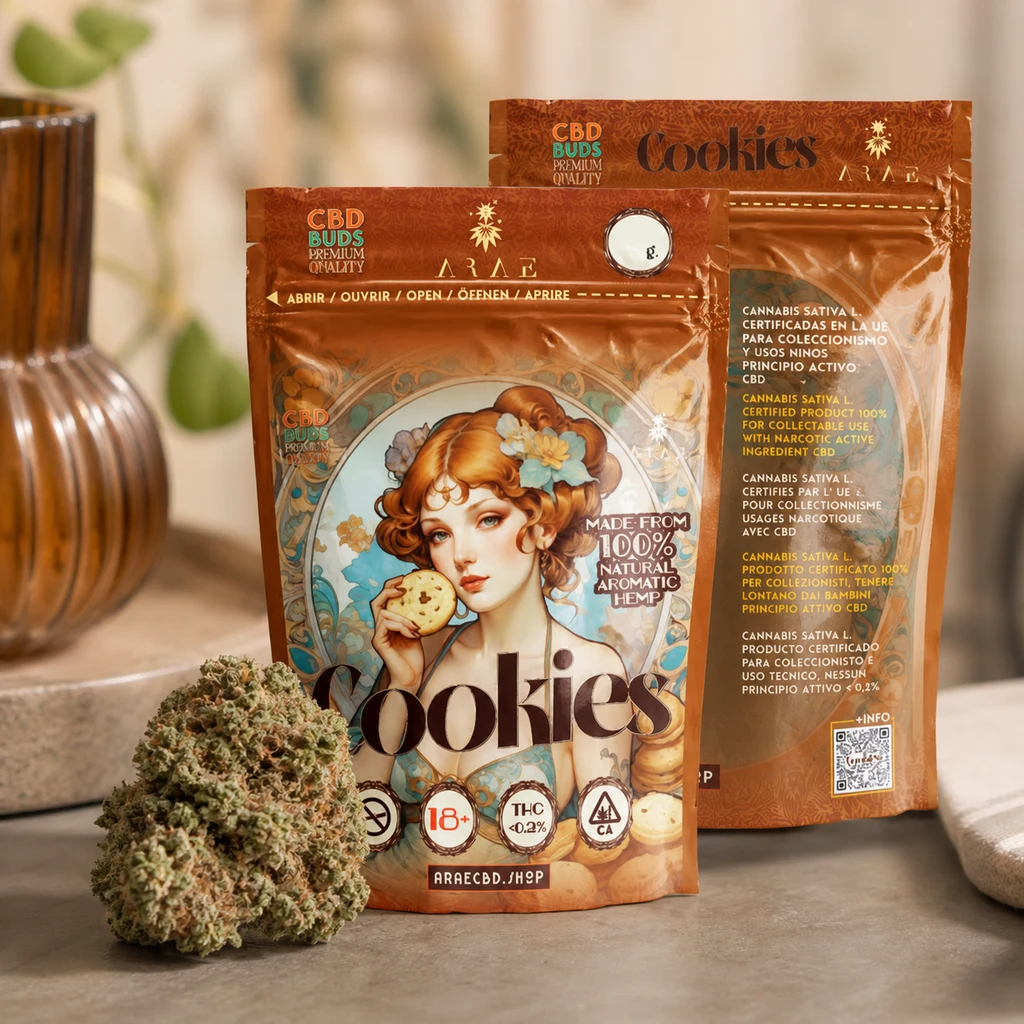 Dos bolsas cobrizas de Cookies CBD, una con una mujer ilustrada sosteniendo una galleta, y un cogollo en primer plano sobre una mesa.
