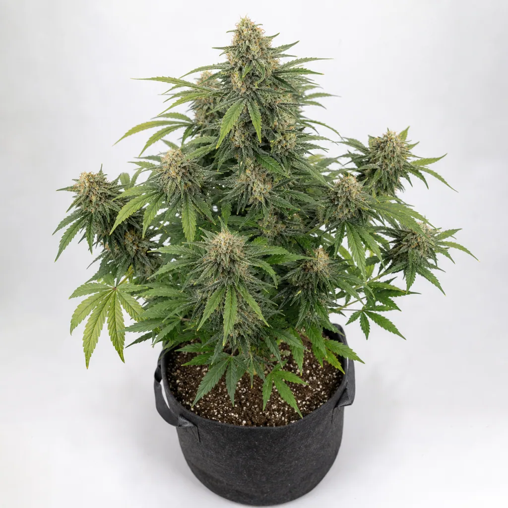 Planta de Cookies Gelato Auto de Royal Queen Seeds en floración, con cogollos y hojas dentadas, en maceta de tela negra sobre fondo claro.