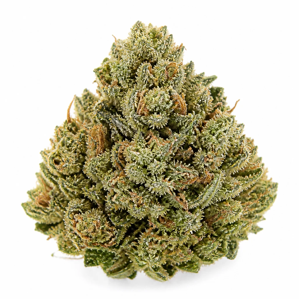 Ilustración de un cogollo verde de forma cónica con tricomas claros y pistilos anaranjados para la ficha de Cookies Kush Feminizada de Spain Seeds.