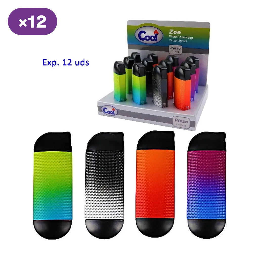 Encendedores Cool Zoe en expositor y ampliados, con extremos negros y cuerpos texturizados en distintos colores y degradados.