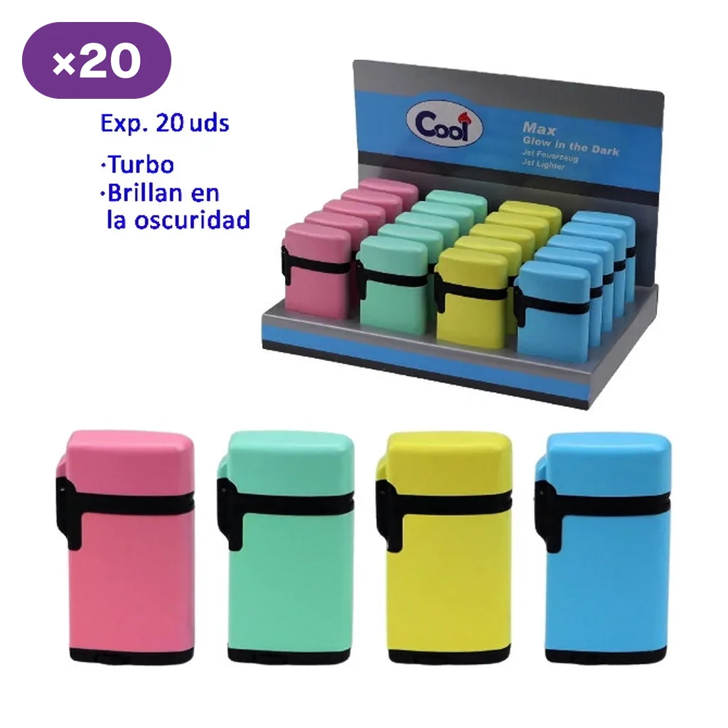 Encendedores turbo Cool Max en rosa, verde menta, amarillo y azul, con banda negra, mostrados en primer plano y en un expositor. Encendedores turbo Cool Max en rosa, verde menta, amarillo y azul, con banda negra, mostrados en primer plano y en un expositor.