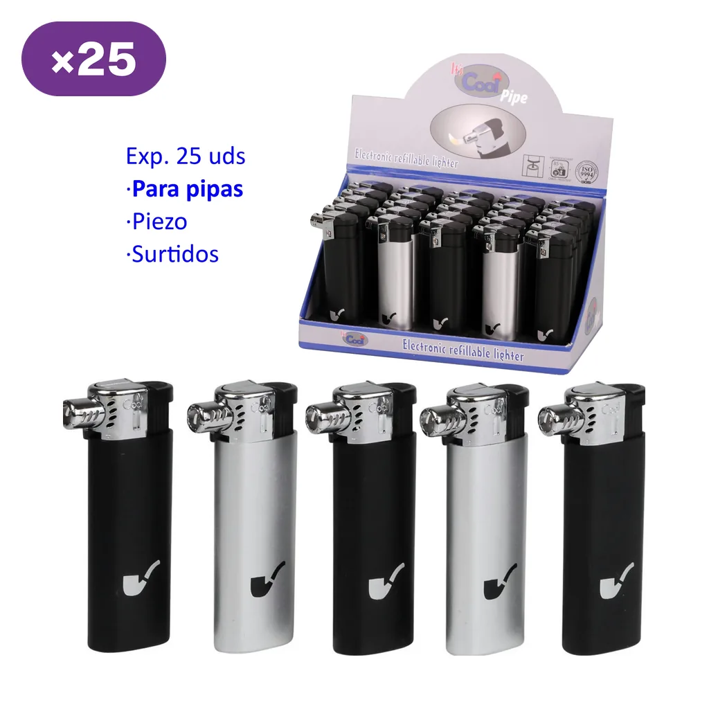 Encendedores para pipa Cool en negro y plata, con salida lateral y símbolo de pipa, junto a un expositor de 25 unidades.
