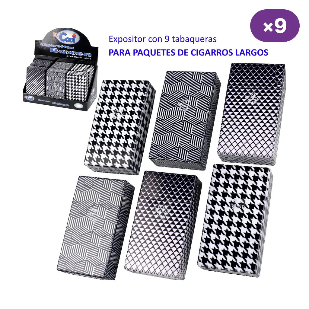 Selección de tabaqueras Cool para paquetes largos, con diseños geométricos y de pata de gallo en blanco y negro, junto a un expositor.
