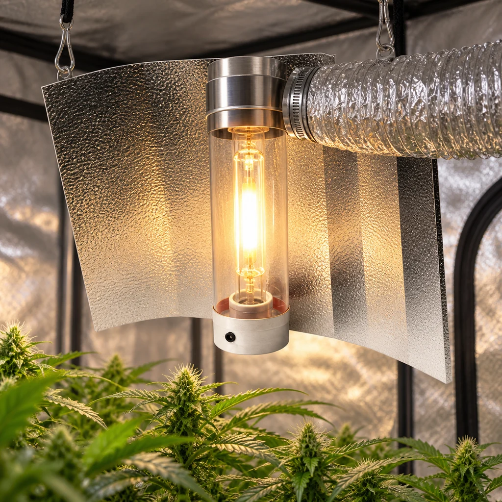 Cooltube de cristal con lámpara encendida, reflector y conducto plateado, suspendido sobre plantas en un armario de cultivo.
