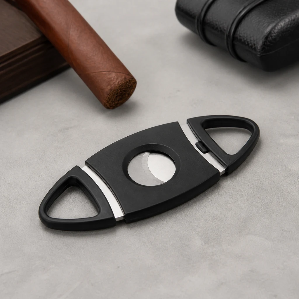 Cortapuros negro con abertura circular, cuchillas plateadas y dos asas triangulares, junto a un puro y un estuche negro.