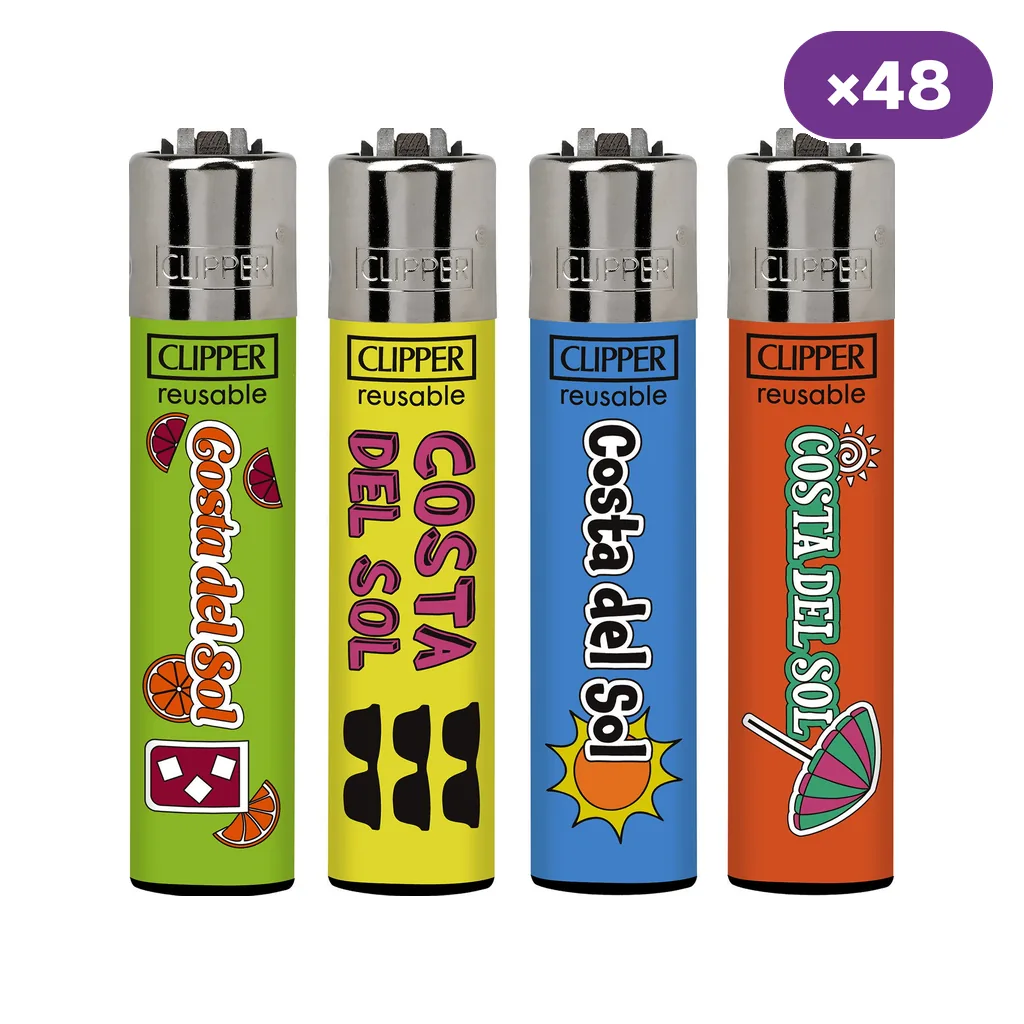 Encendedores Clipper Costa del Sol con diseños verdes, amarillos, azules y naranjas, motivos veraniegos y distintivo de 48 unidades.