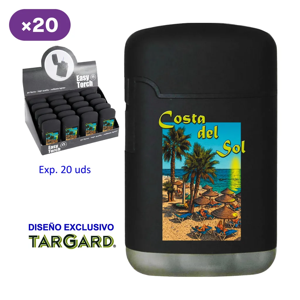 Encendedor negro Costa del Sol con una escena de playa y palmeras, junto a un expositor rotulado con 20 unidades. Encendedor negro Costa del Sol con una escena de playa y palmeras, junto a un expositor rotulado con 20 unidades.