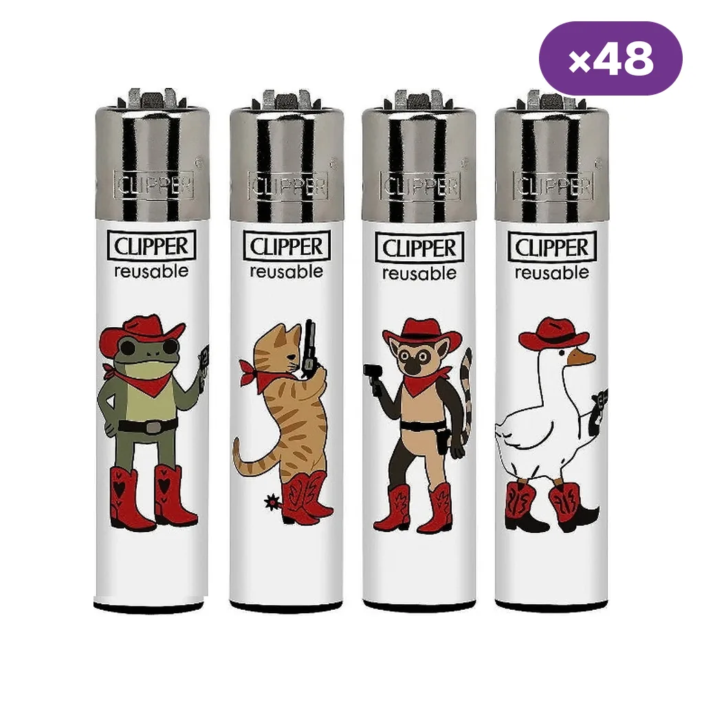 Selección de encendedores Clipper blancos con distintos animales vestidos de vaqueros, sombreros y botas rojas; distintivo de 48 unidades.