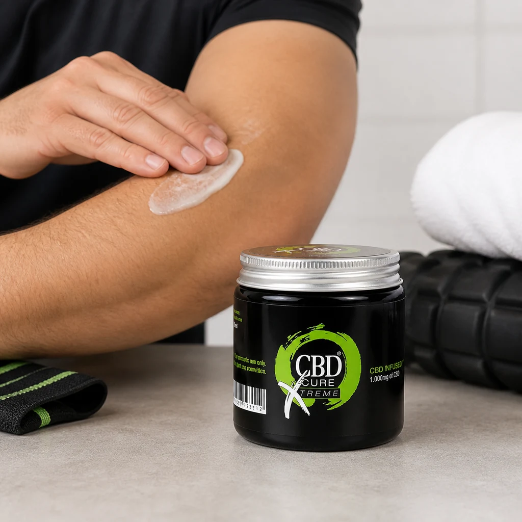 Escena generada de una persona extendiendo crema sobre el brazo, junto a un tarro negro de CBD Cure Xtreme con tapa plateada.